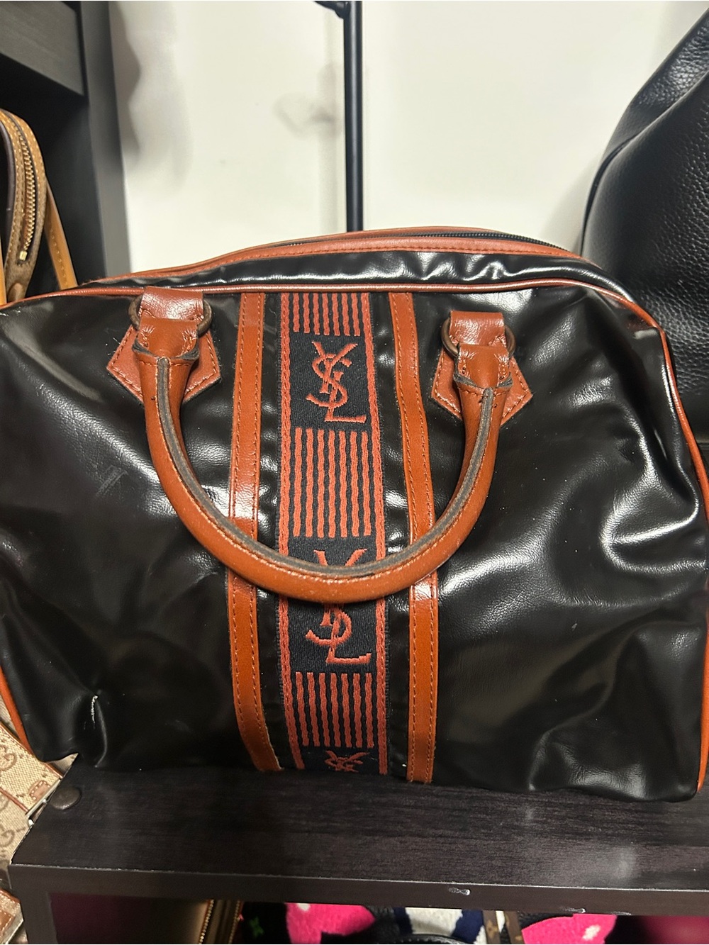 Yves Saint Laurent Black and Brown Leather-Trim Logo Tote